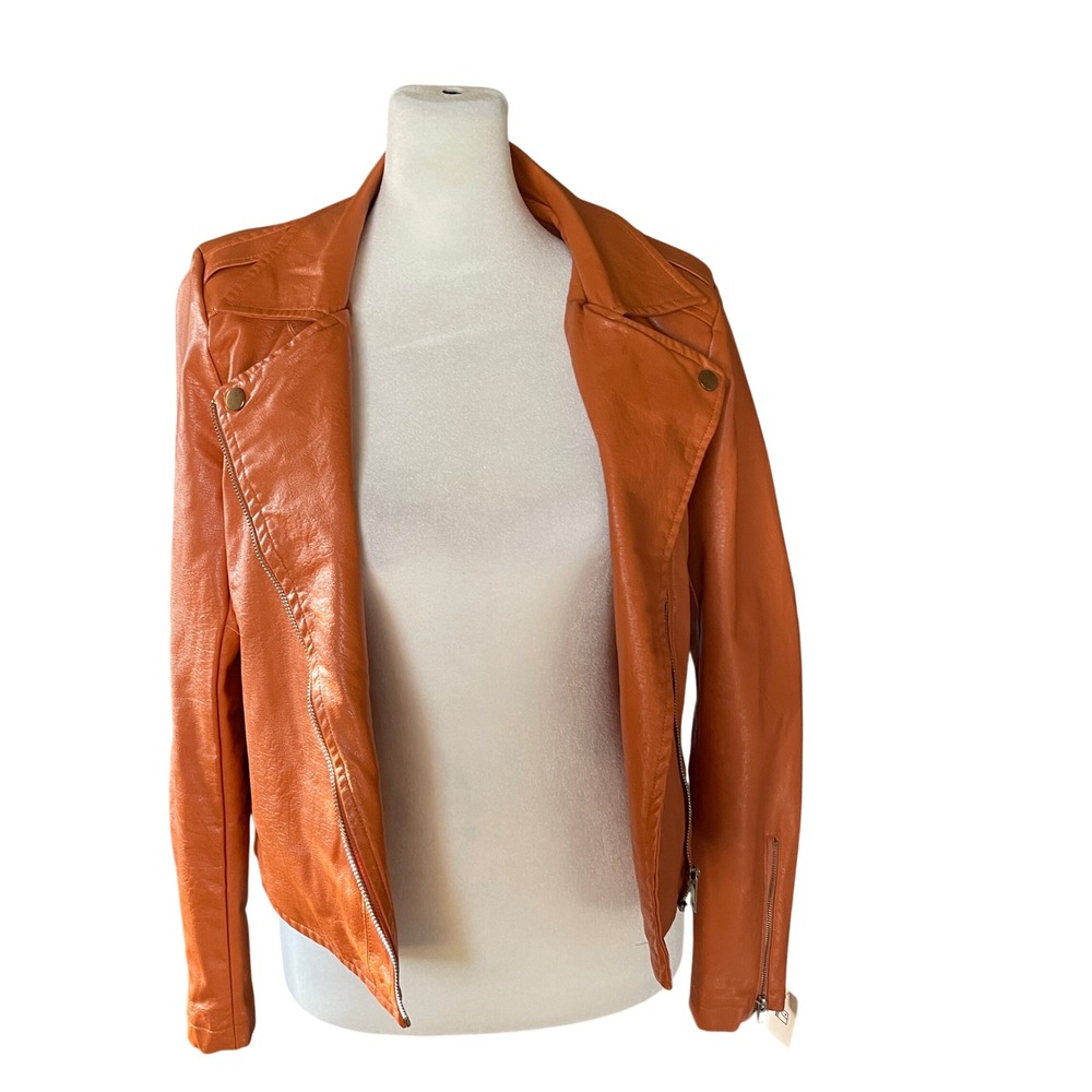 Michel‎ Womens Faux Leather Moto Biker Jacket Small Orange Edgy Vegan Chic